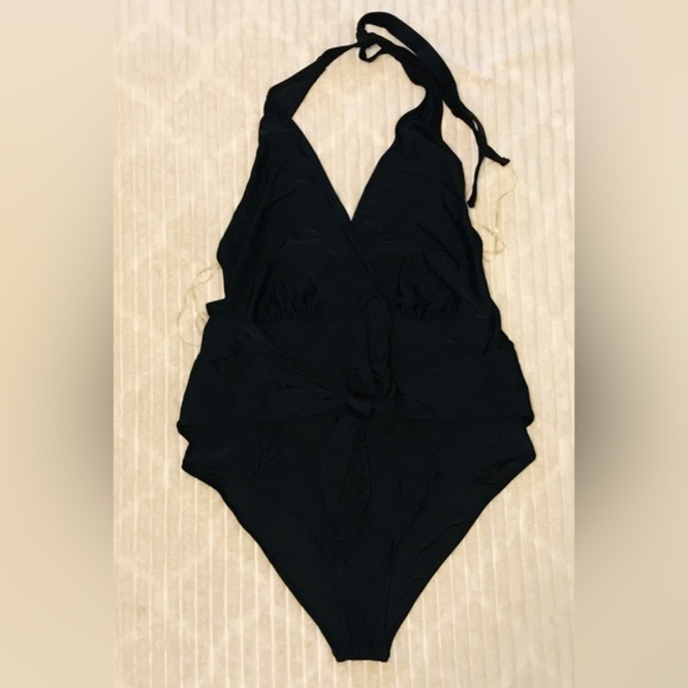 NWT Forever 21 Black Tummy Control Halter Neck Plunging One Piece Swimsuit 2X